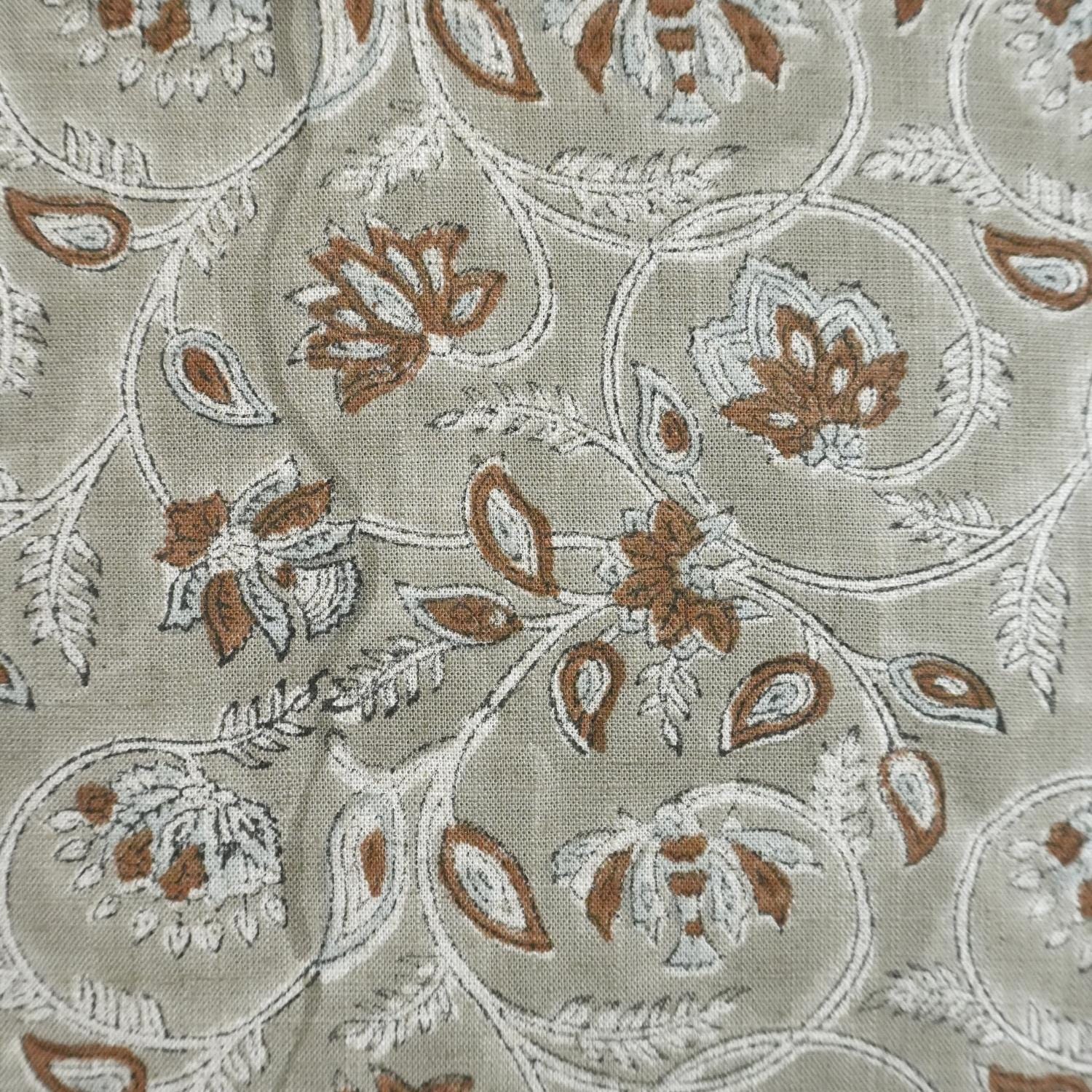 Block Printed Floral Thorw Boho Handmade Gray Cotton Linen Blend Upholstery Fabric – SARASWATI