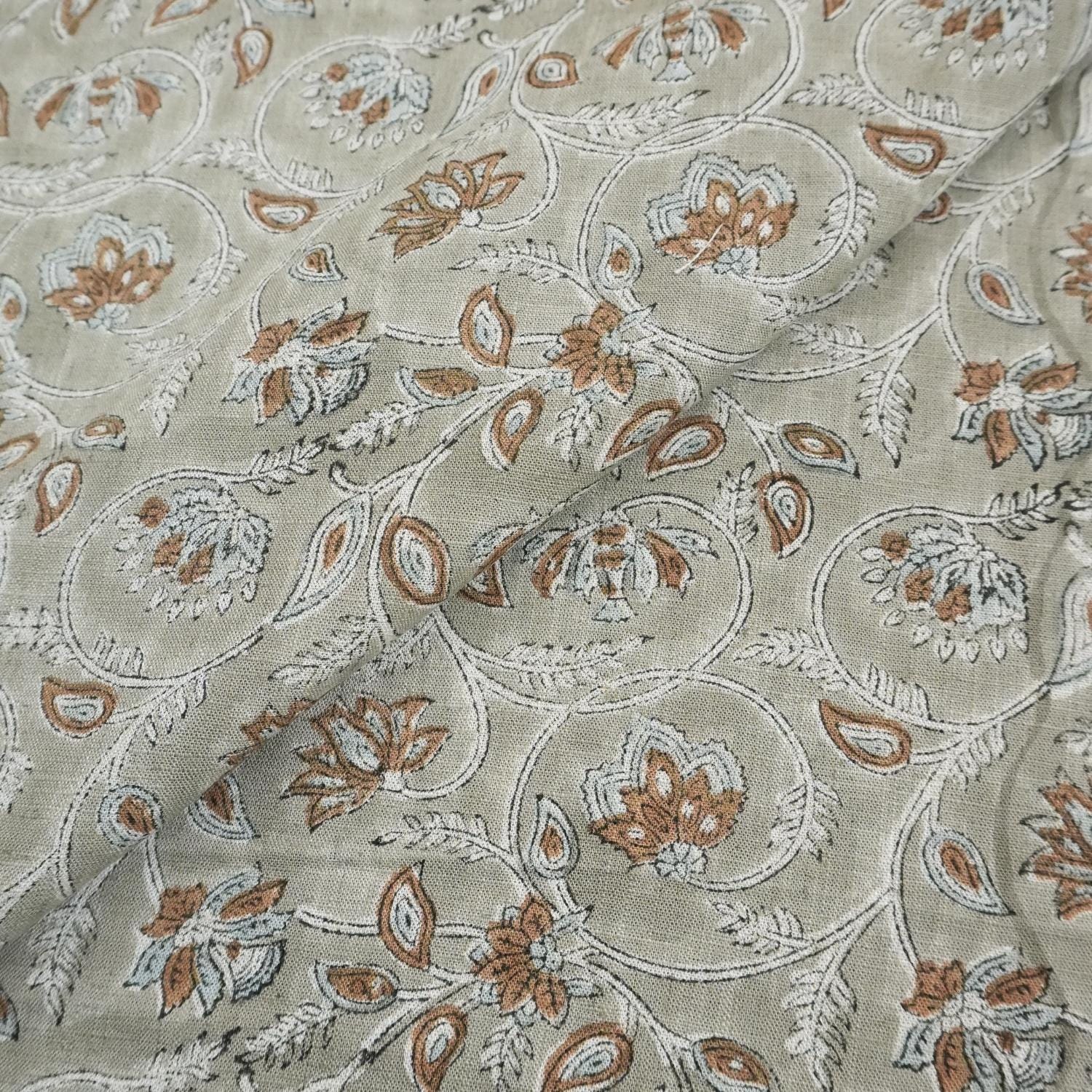 Block Printed Floral Thorw Boho Handmade Gray Cotton Linen Blend Upholstery Fabric – SARASWATI