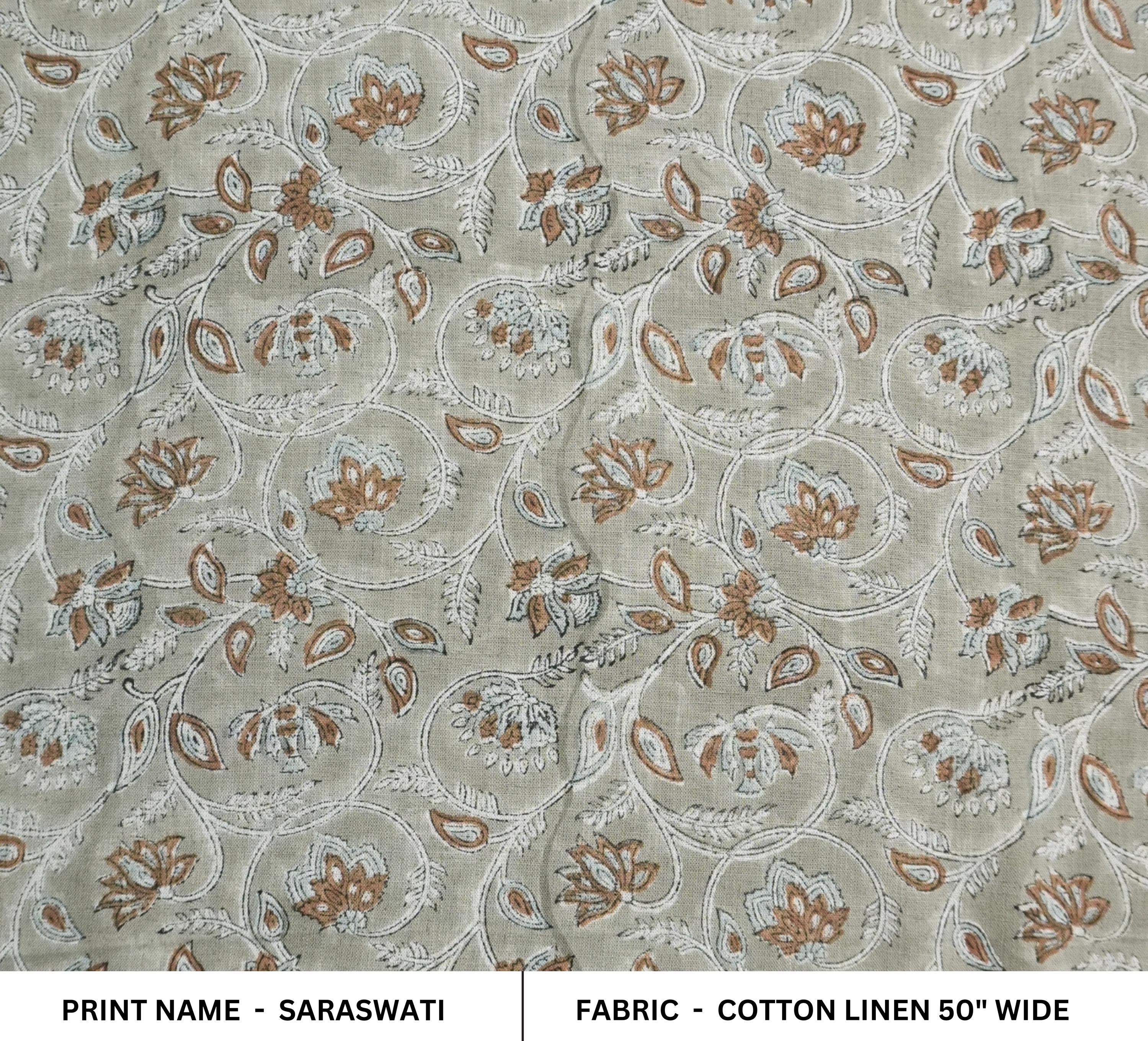 Block Printed Floral Thorw Boho Handmade Gray Cotton Linen Blend Upholstery Fabric – SARASWATI