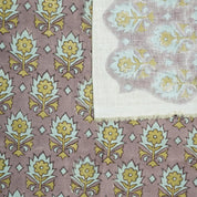 Handblock Floral Printed Linen Blend Fabric in Brown, Ash Gray & Olive Green Kusum