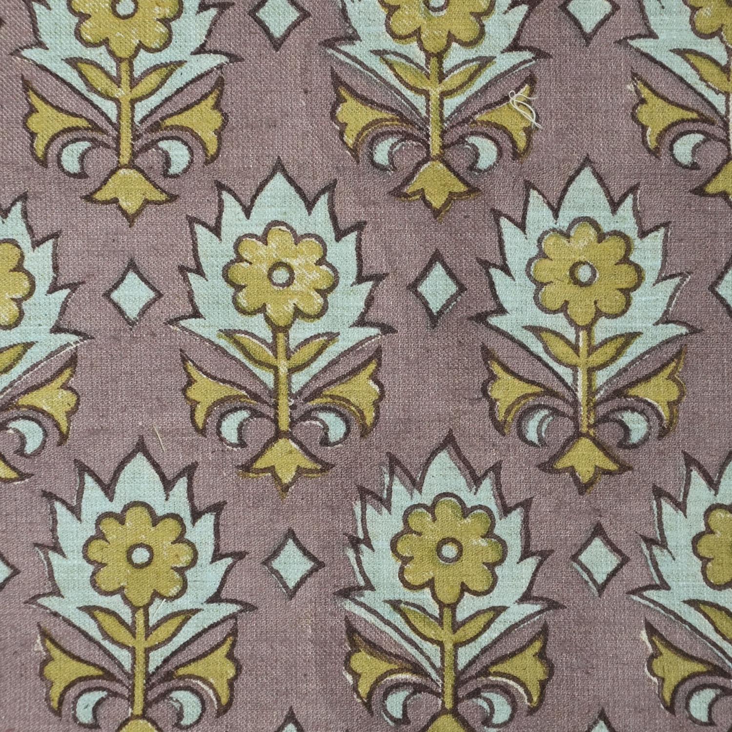 Handblock Floral Printed Linen Blend Fabric in Brown, Ash Gray & Olive Green Kusum