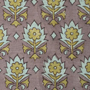 Handblock Floral Printed Linen Blend Fabric in Brown, Ash Gray & Olive Green Kusum