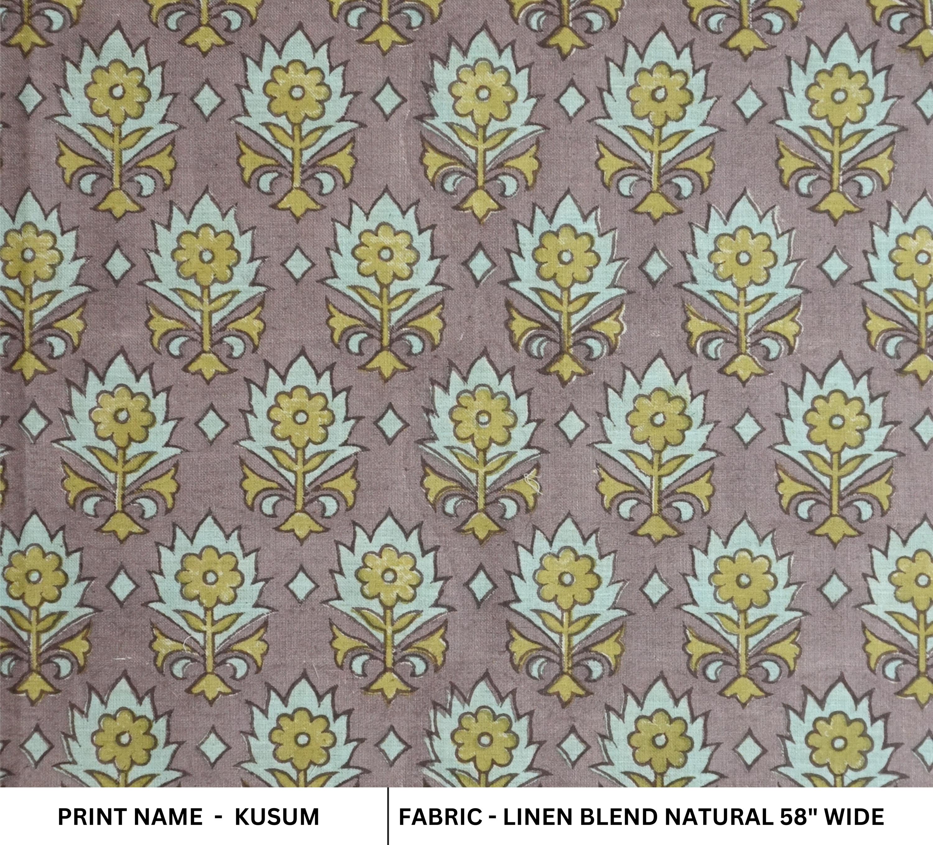 Handblock Floral Printed Linen Blend Fabric in Brown, Ash Gray & Olive Green Kusum