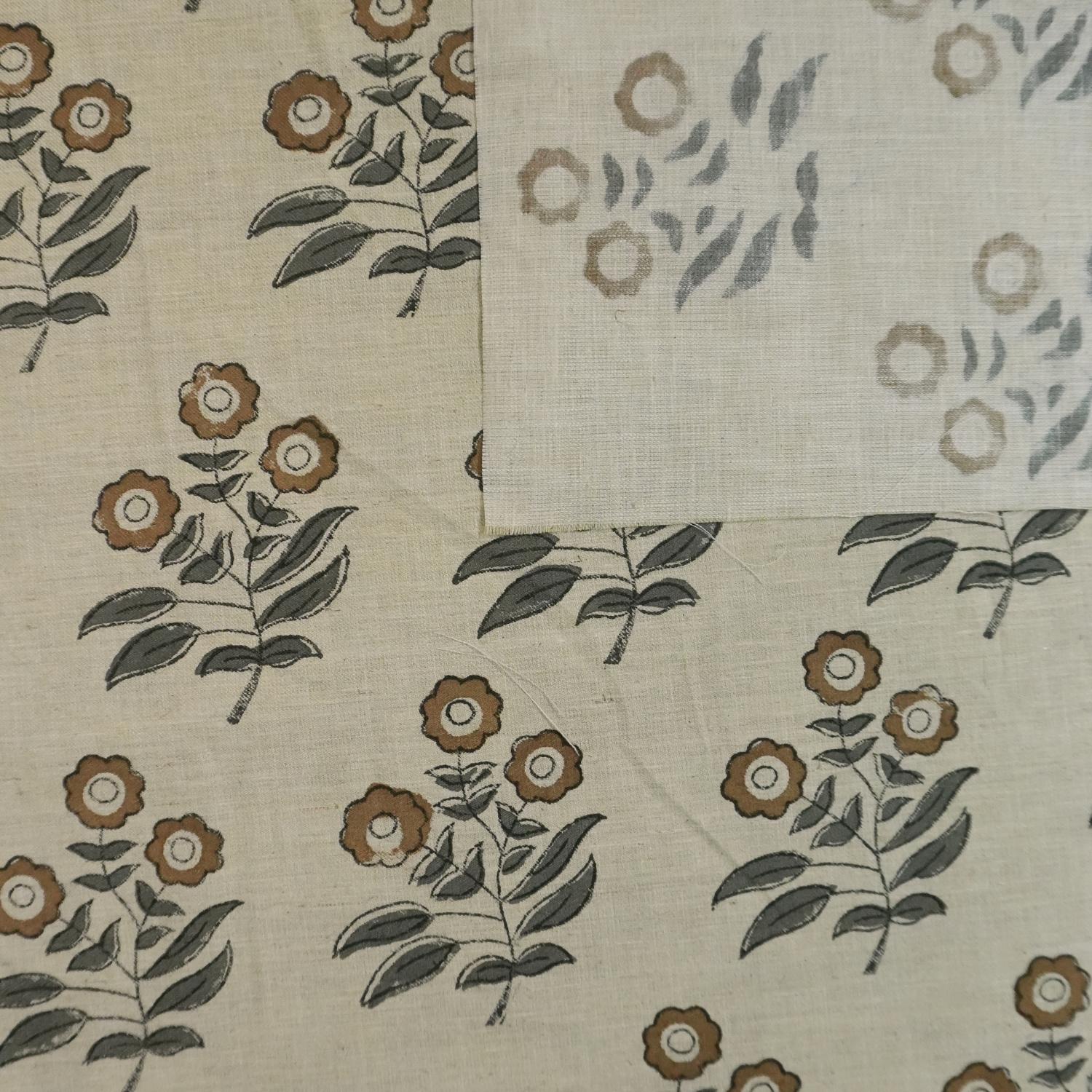 Block Printed Gray & Brown Floral Print on Linen Blend Fabric - Neha Serenity