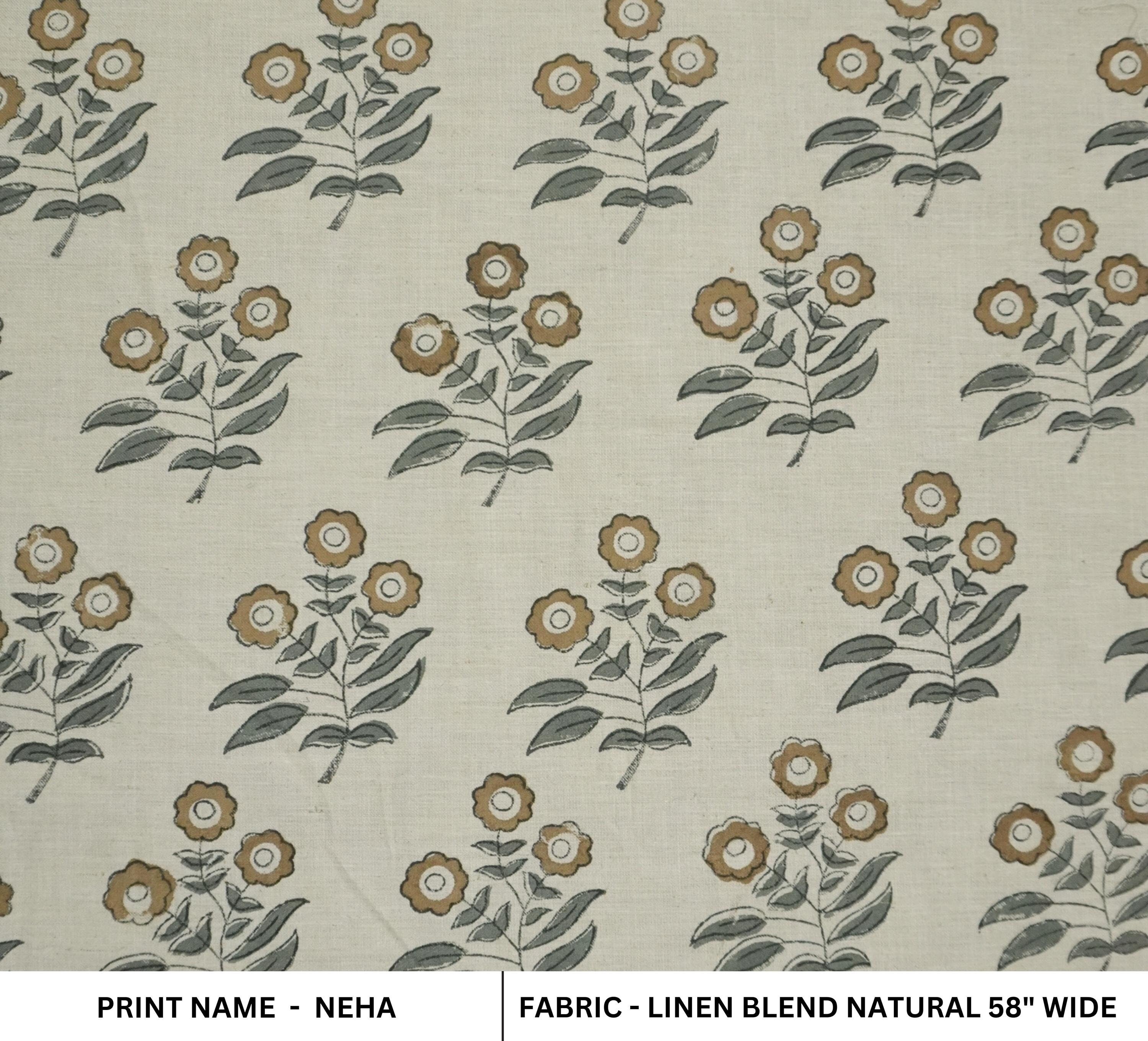 Block Printed Gray & Brown Floral Print on Linen Blend Fabric - Neha Serenity