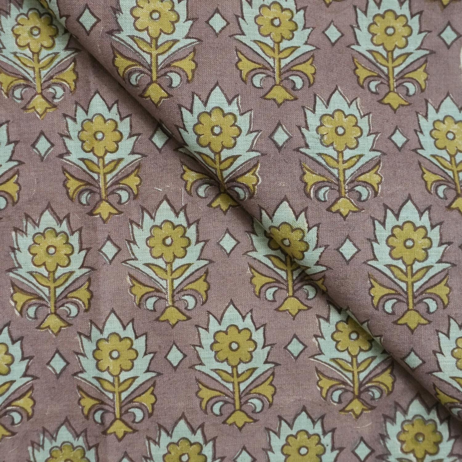 Handblock Floral Printed Linen Blend Fabric in Brown, Ash Gray & Olive Green Kusum
