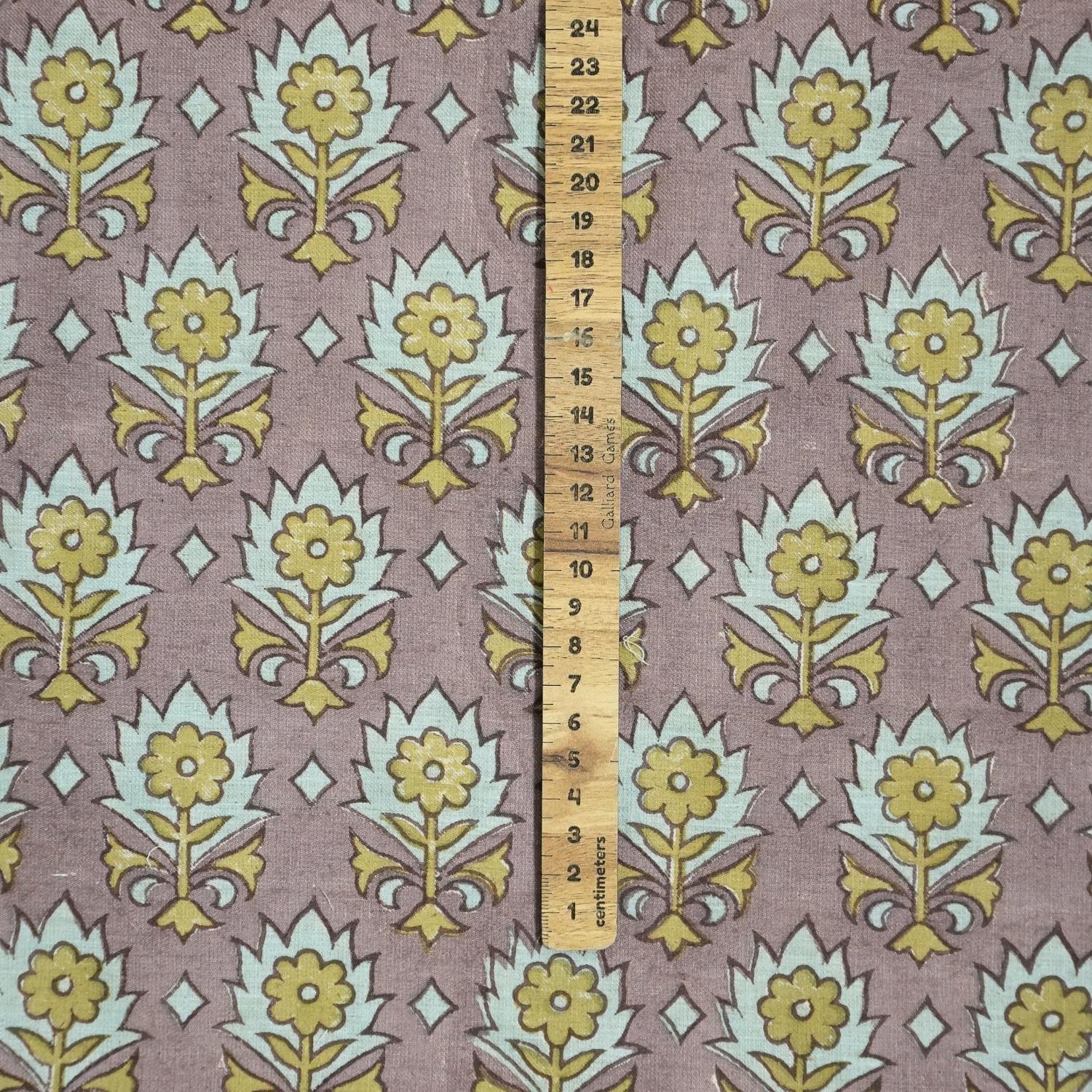 Handblock Floral Printed Linen Blend Fabric in Brown, Ash Gray & Olive Green Kusum
