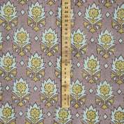 Handblock Floral Printed Linen Blend Fabric in Brown, Ash Gray & Olive Green Kusum