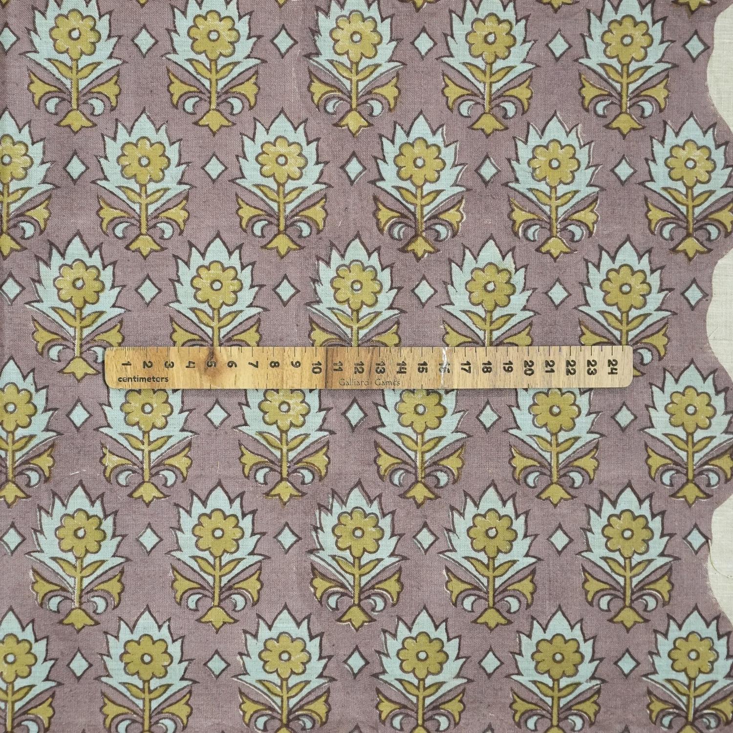 Handblock Floral Printed Linen Blend Fabric in Brown, Ash Gray & Olive Green Kusum