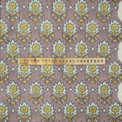 Handblock Floral Printed Linen Blend Fabric in Brown, Ash Gray & Olive Green Kusum
