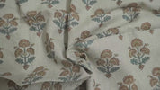 Block Printed Pure Linen Fabric Brown and Blue Floral Decorative for Pillow/Couch Covers - TRAFFIC LIGHT