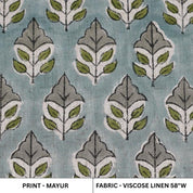 Viscose linen Patterned fabric with leaf design on a blue background