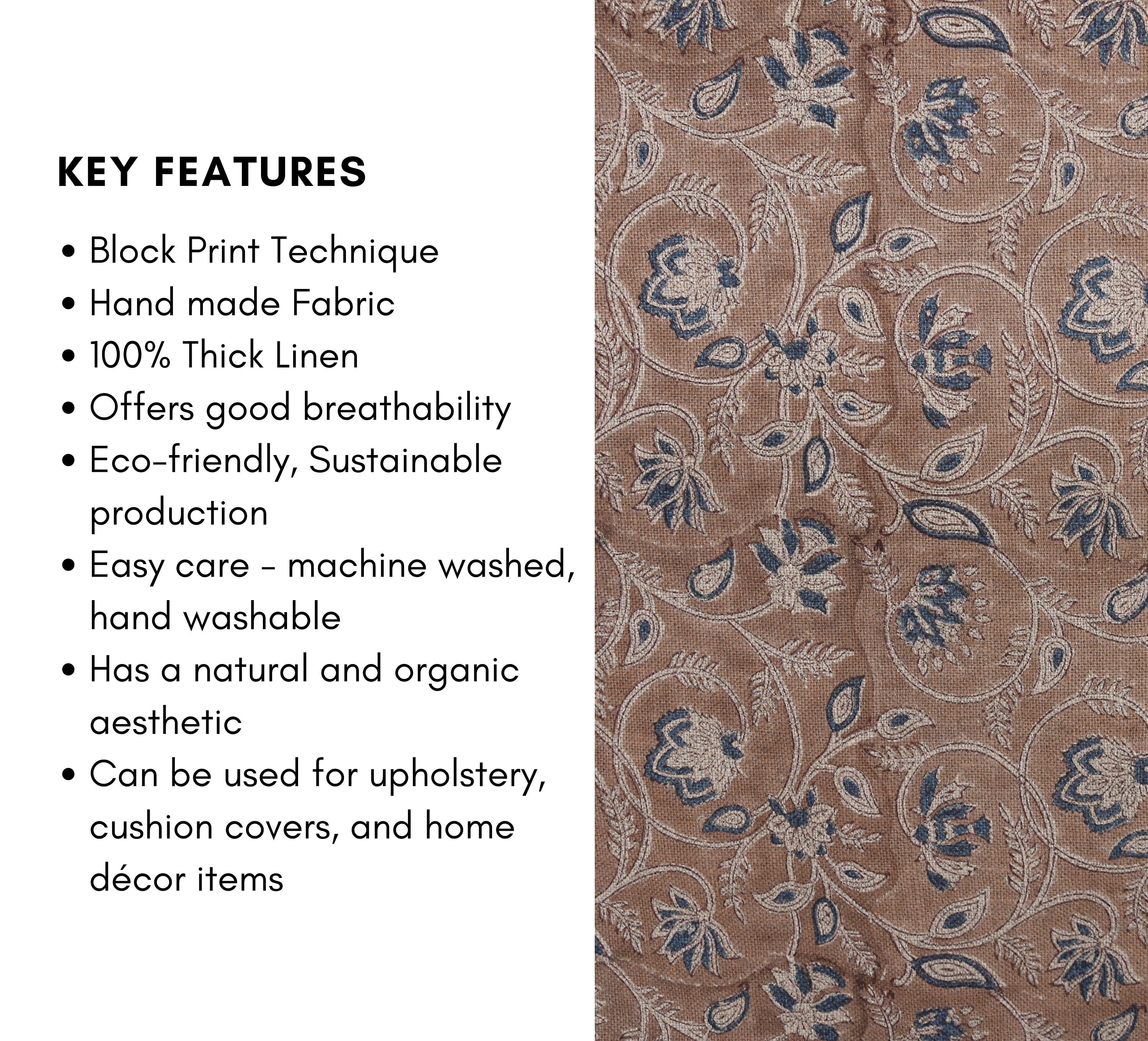 Block Print Thick Linen 58" Wide, Floral Print, Indian Fabric, Home Decor, Handcrafted Linen Fabric Table Cloth - SARASWATI