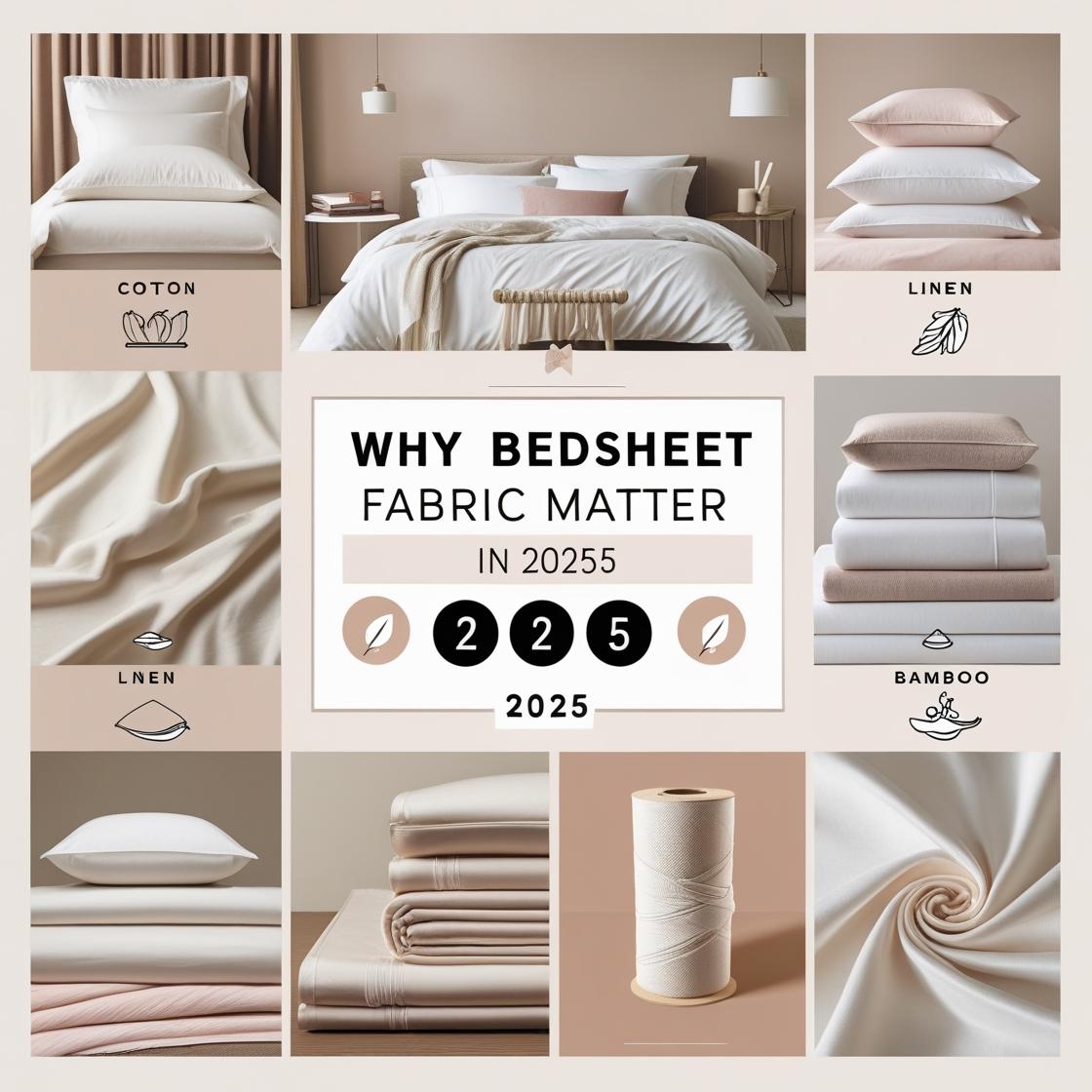 Modern infographic showing best fabrics for bedsheets including cotton, linen, silk, bamboo, and microfiber with icons and benefits