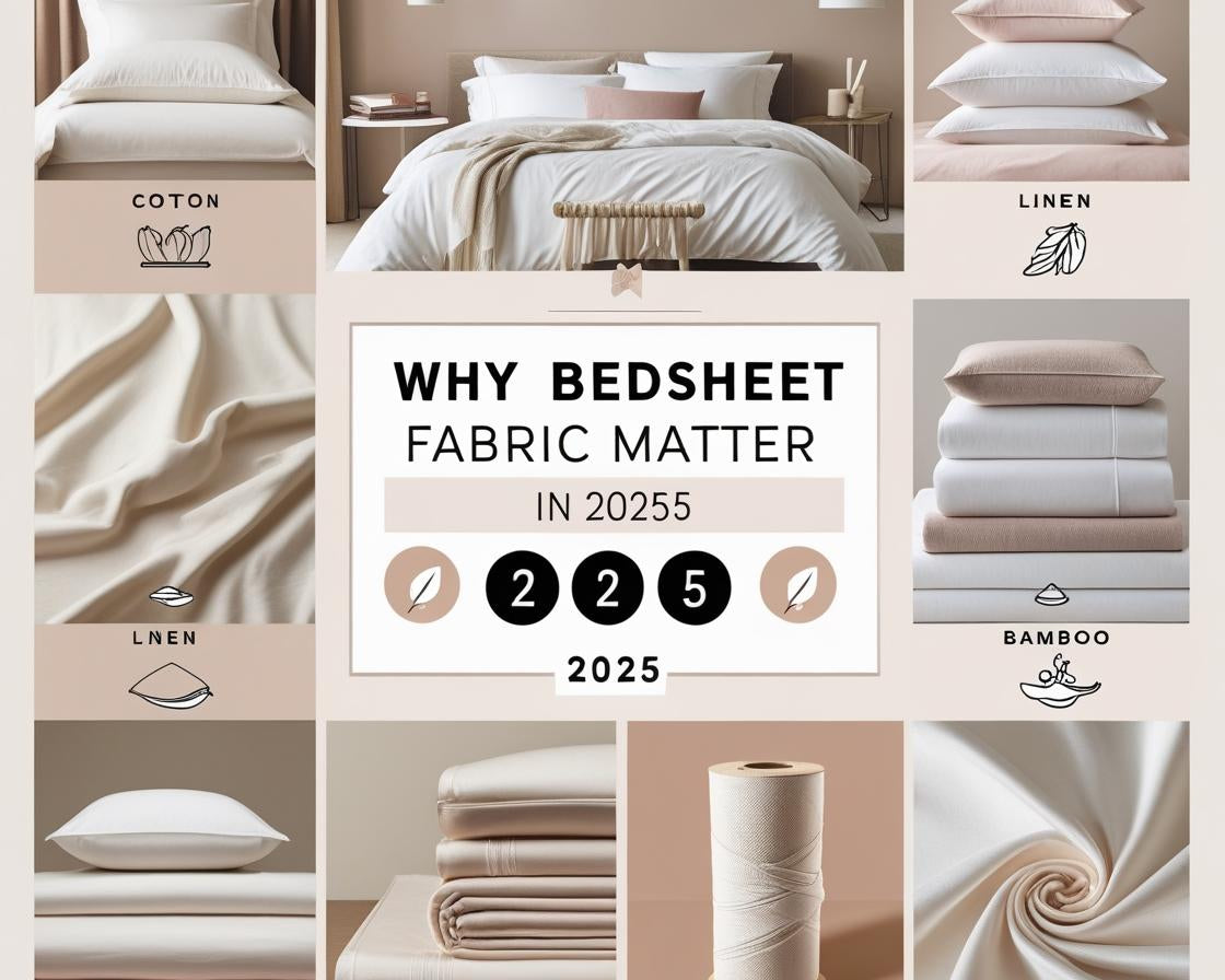 Modern infographic showing best fabrics for bedsheets including cotton, linen, silk, bamboo, and microfiber with icons and benefits