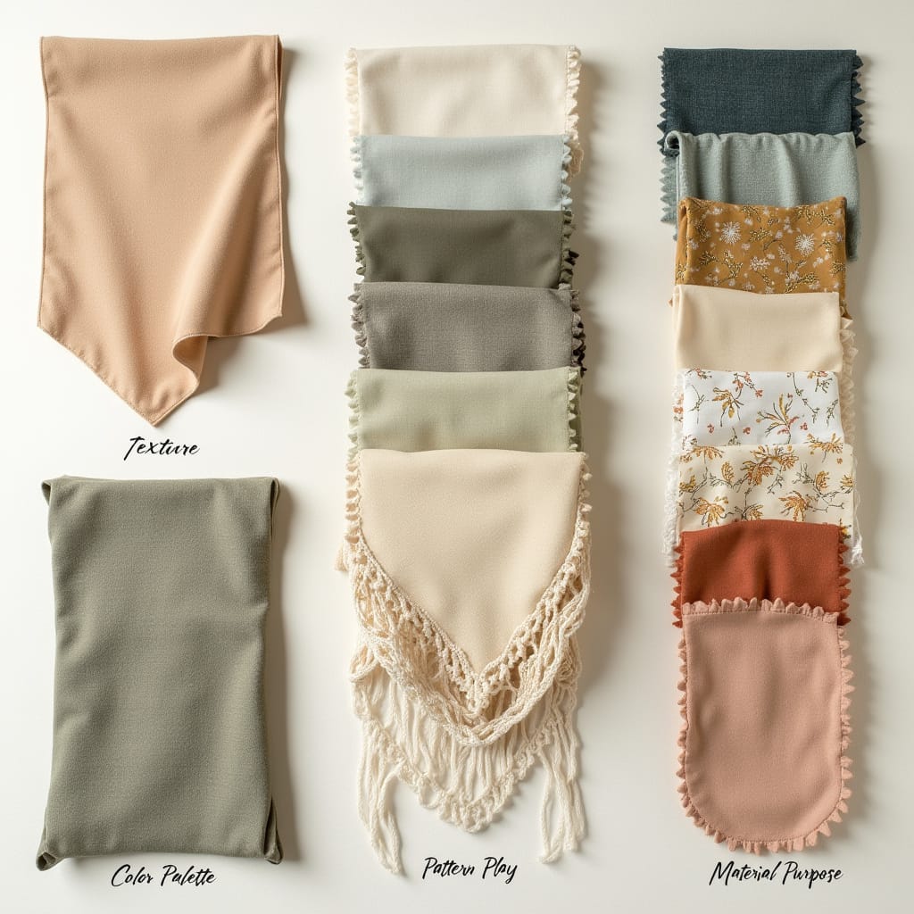 A neatly arranged flat lay of various fabric swatches labeled and grouped by texture, weight, and use—such as cotton, linen, silk, wool, denim, and synthetics. 