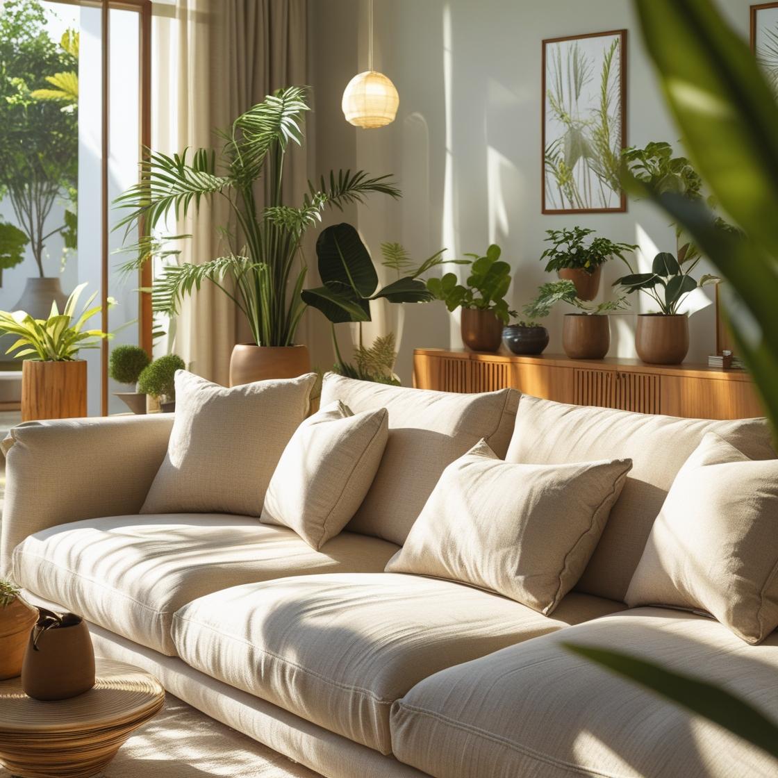 Elegant living room featuring a sofa with cushions upholstered in smooth, airy linen and viscose blend fabric, bathed in natural light for a fresh, inviting look.