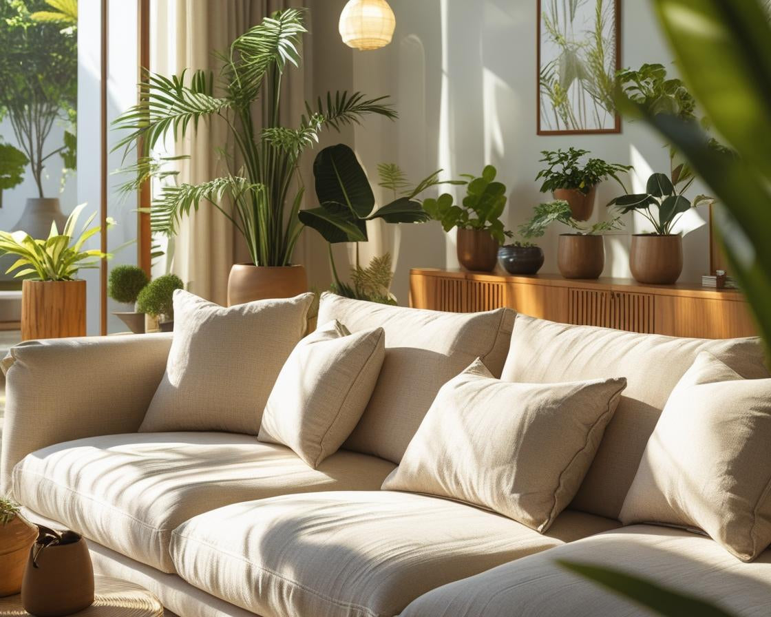 Elegant living room featuring a sofa with cushions upholstered in smooth, airy linen and viscose blend fabric, bathed in natural light for a fresh, inviting look.