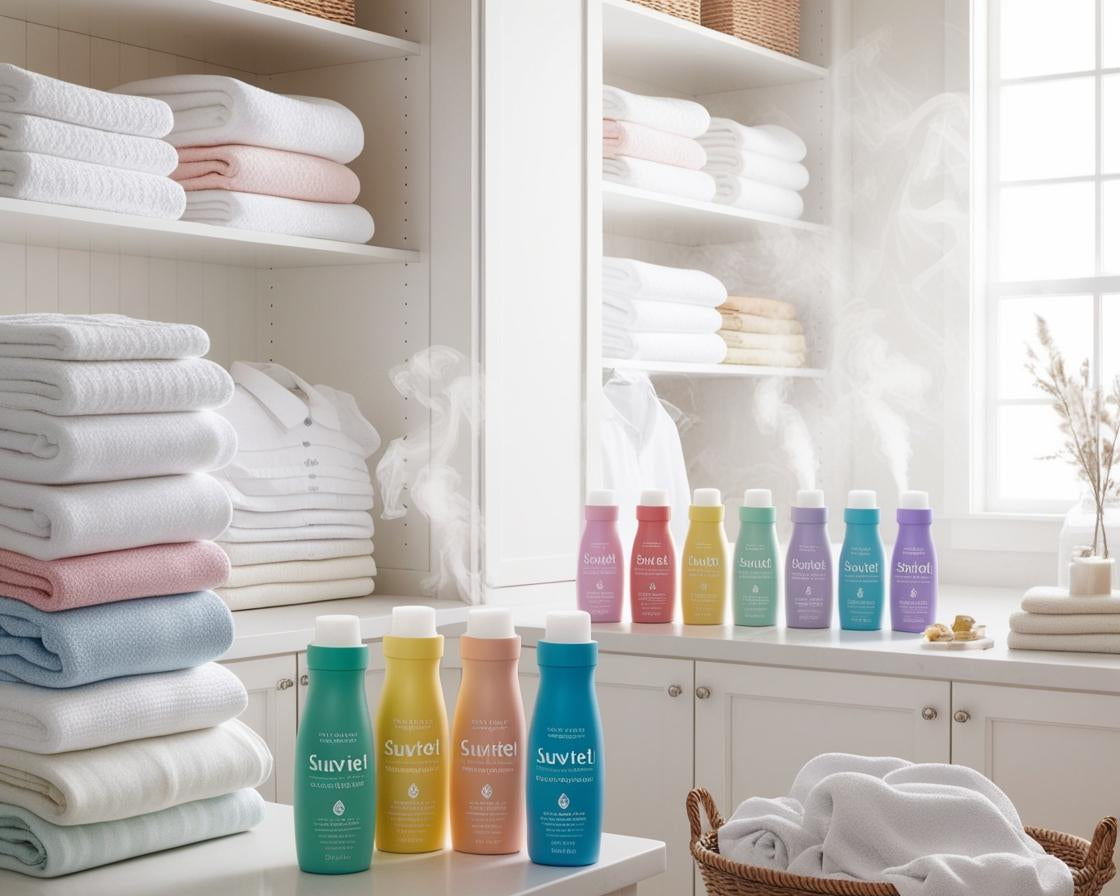 A sunlit clothesline with fresh laundry gently swaying in a warm breeze, surrounded by golden light and soft shadows.