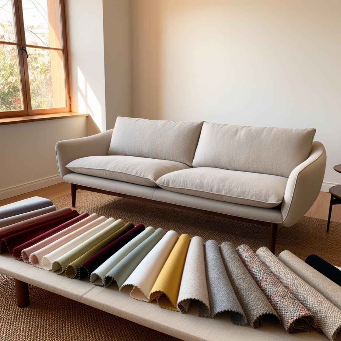 A cozy living room with a stylish sofa at the center, surrounded by fabric swatches in various textures and colors.