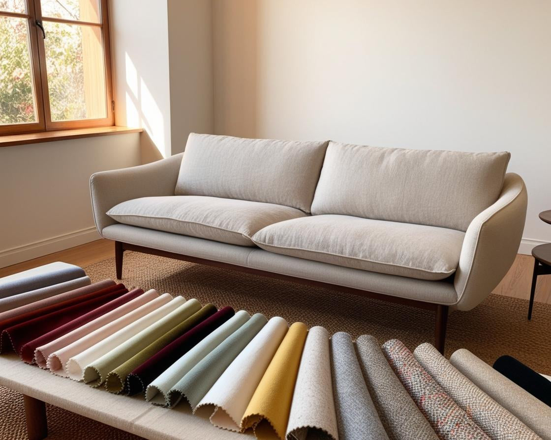 A cozy living room with a stylish sofa at the center, surrounded by fabric swatches in various textures and colors.