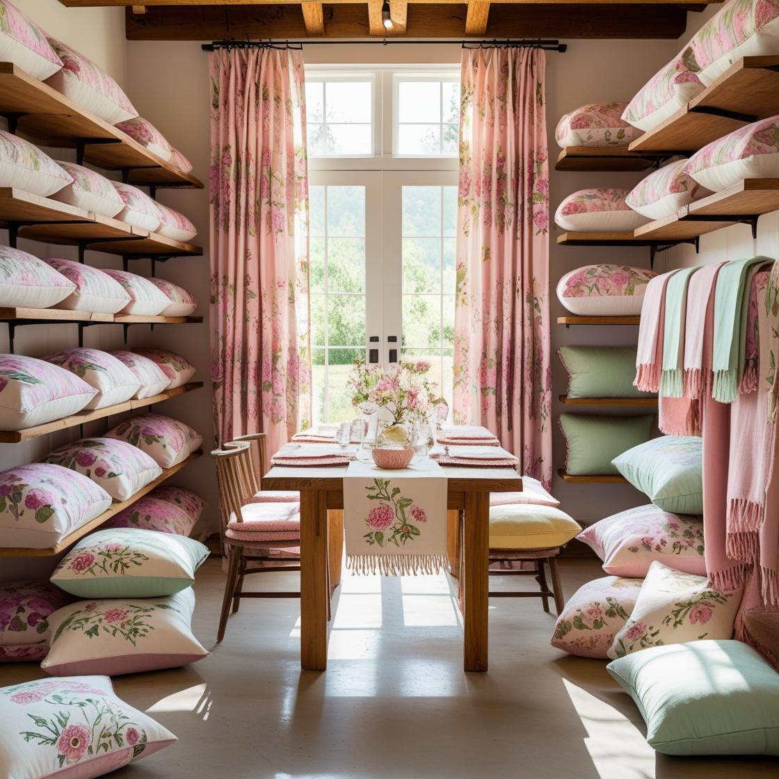 A cozy, well-lit textile boutique interior with soft natural light streaming through floral block-printed curtains. Shelves are stacked neatly with matching.