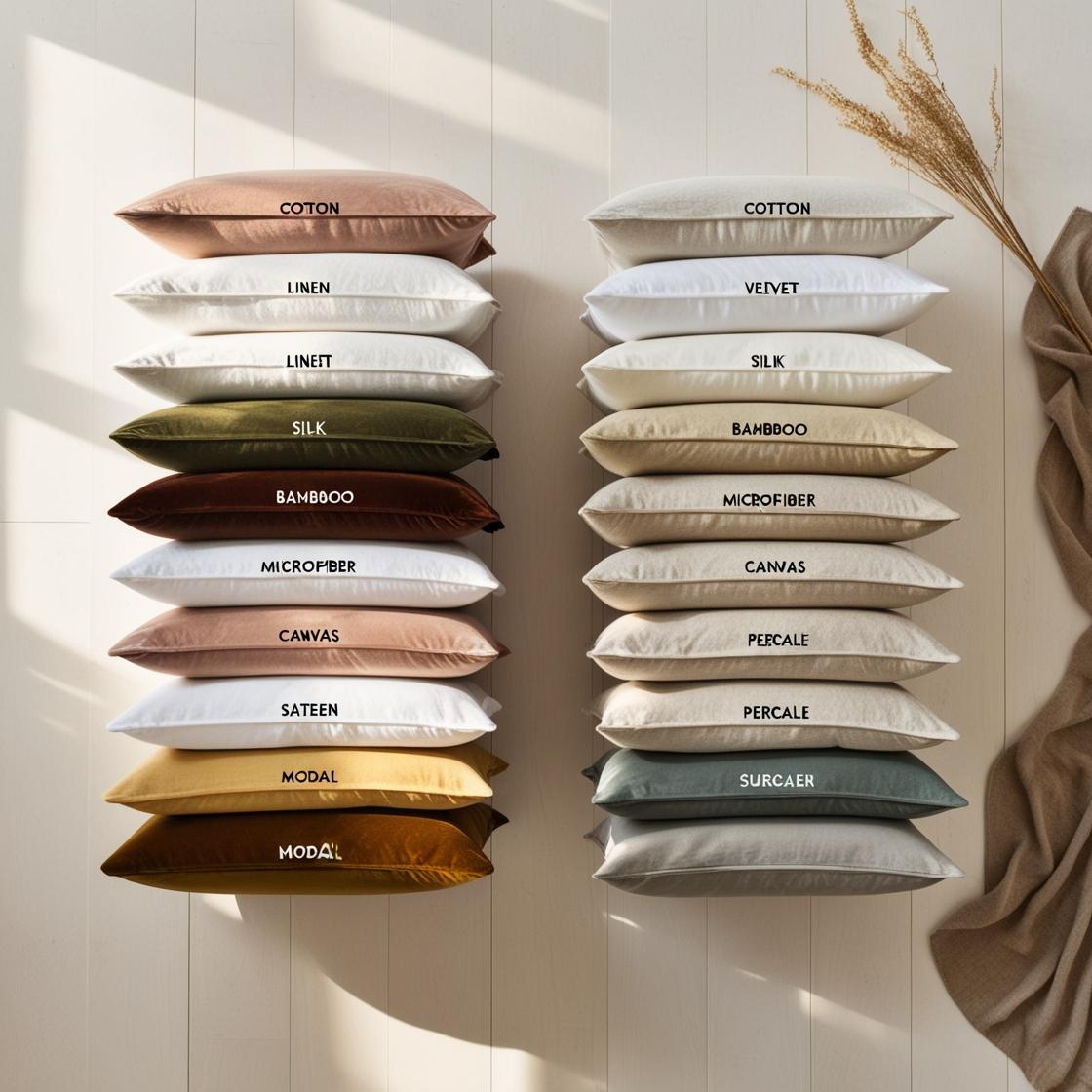 A cozy, stylish interior showcasing a mix of farmhouse and minimalist design. Display a variety of cotton pillow covers: some in crisp white percale with a hotel-bed look.