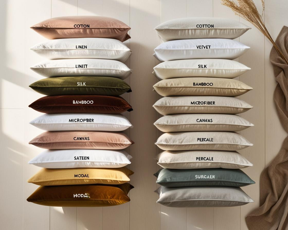 A cozy, stylish interior showcasing a mix of farmhouse and minimalist design. Display a variety of cotton pillow covers: some in crisp white percale with a hotel-bed look.