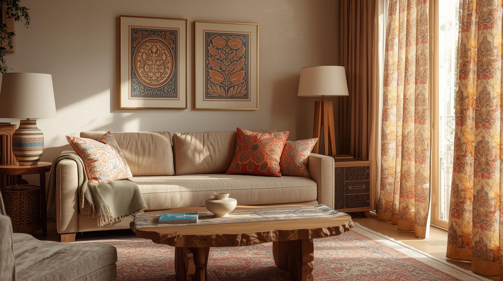 A warm, inviting living room in 2025, filled with natural light streaming through custom-made curtains crafted from fabric by the yard.