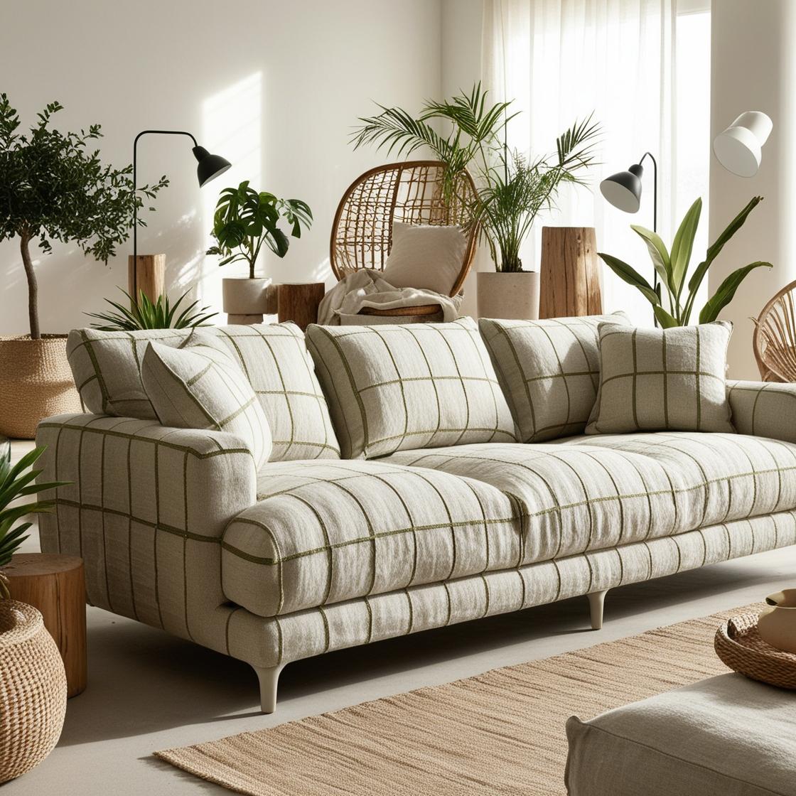 A modern, sunlit living room with a natural, earthy aesthetic. 