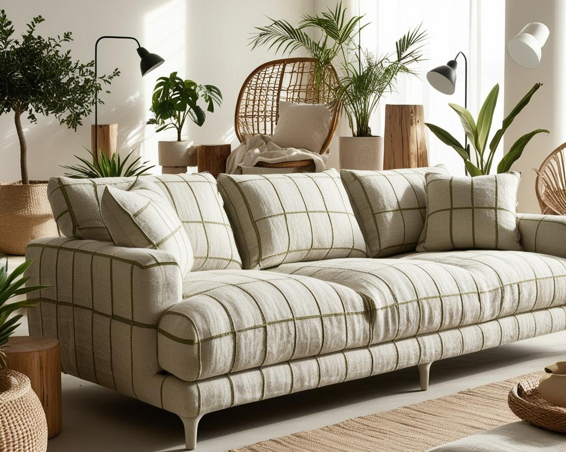 A modern, sunlit living room with a natural, earthy aesthetic. 