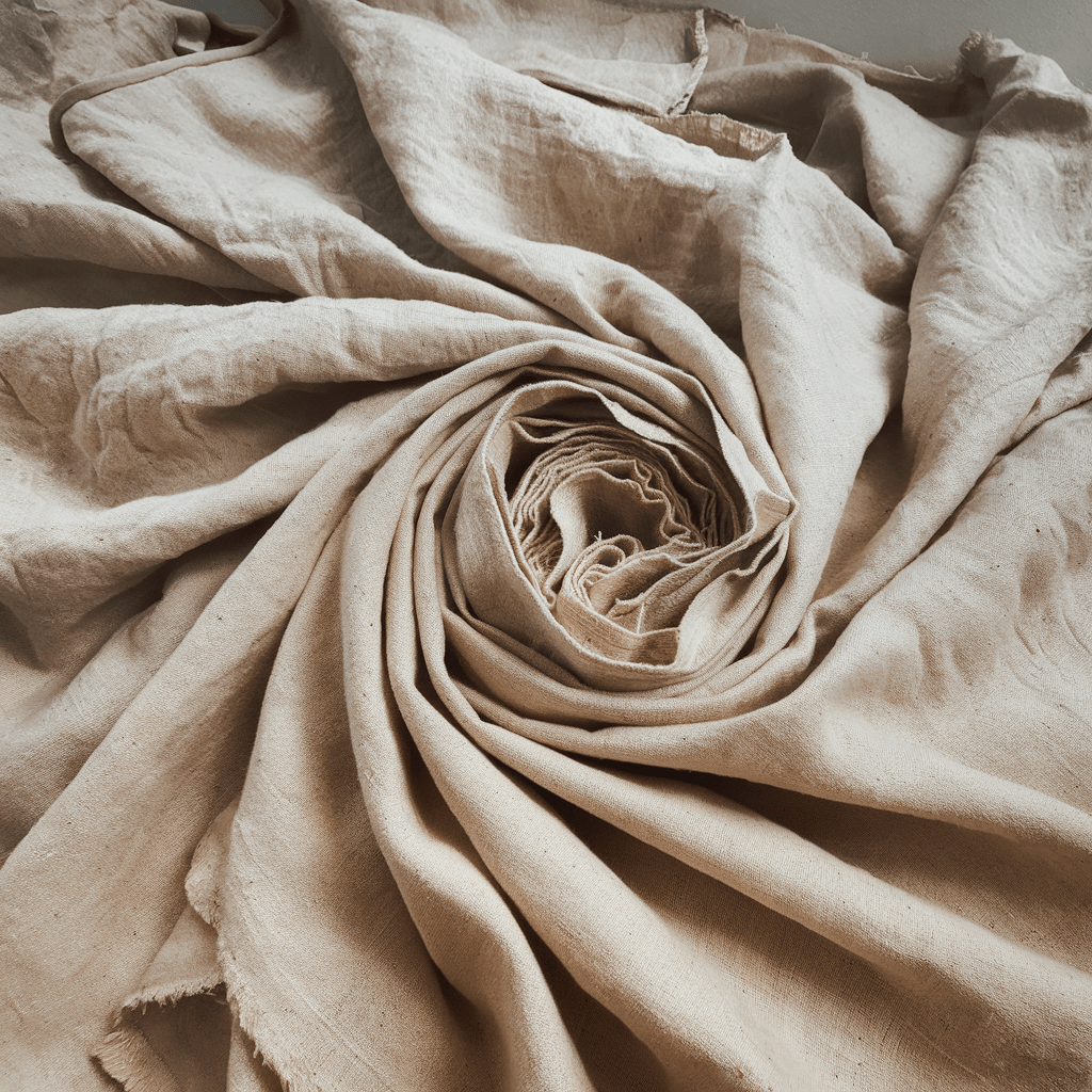 A photo of a large roll of natural linen fabric with a light beige hue. The fabric has a slightly rough texture