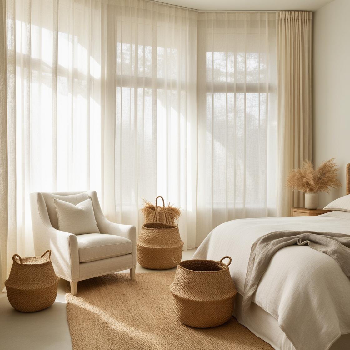 A serene, modern bedroom sanctuary with soft natural light, minimal clutter, personalized decor, cozy bedding