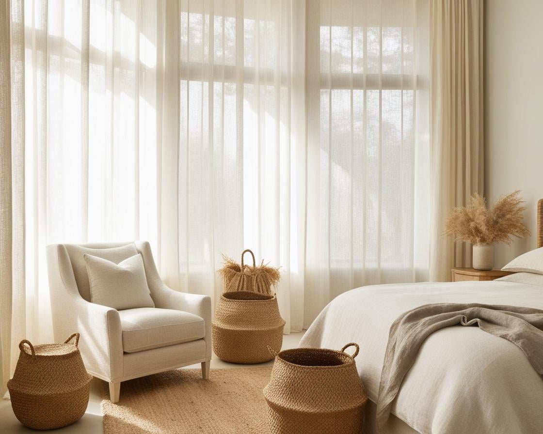 A serene, modern bedroom sanctuary with soft natural light, minimal clutter, personalized decor, cozy bedding