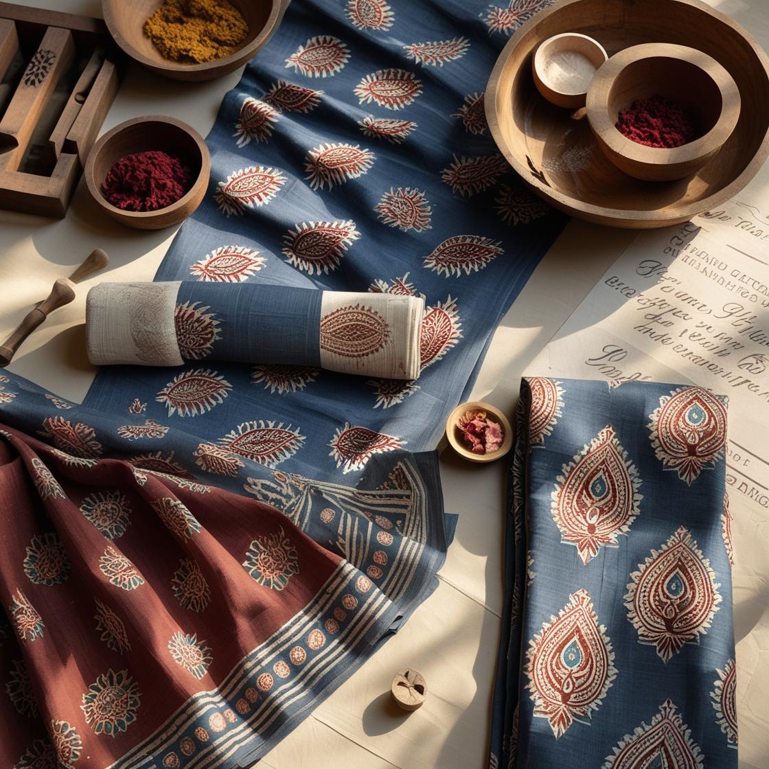 A serene flat-lay of traditional Indian block-printed textiles—soft cotton and linen fabrics featuring intricate floral and paisley designs in earthy tones like indigo, rust, and maroon.