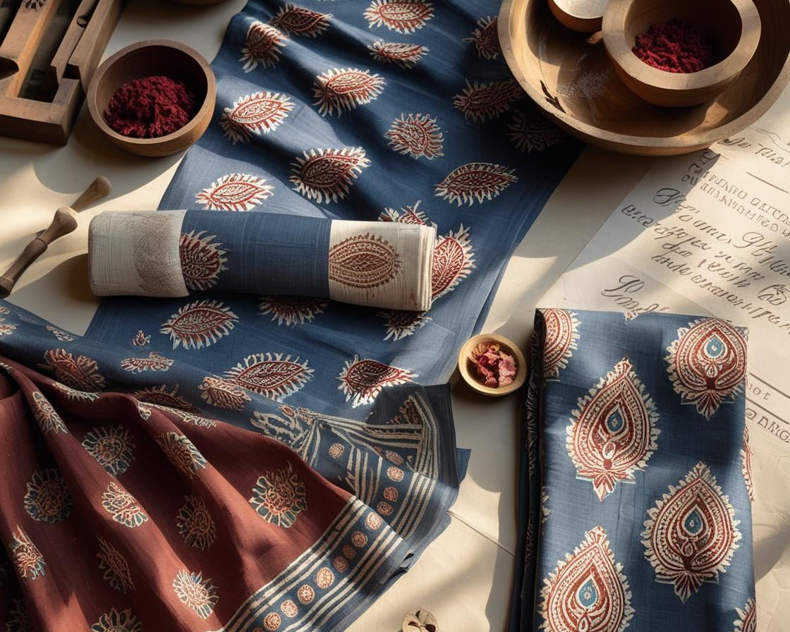 A serene flat-lay of traditional Indian block-printed textiles—soft cotton and linen fabrics featuring intricate floral and paisley designs in earthy tones like indigo, rust, and maroon.