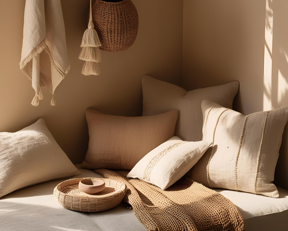 Handmade textiles and natural textures like linen, wood, and clay. A quiet corner with cushions, woven decor, and gentle shadows.