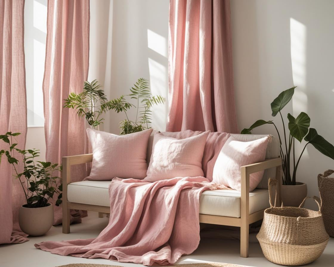 "Cozy living room with a warm, ambient vibe. A beige sectional sofa with assorted throw pillows in pink tone.
