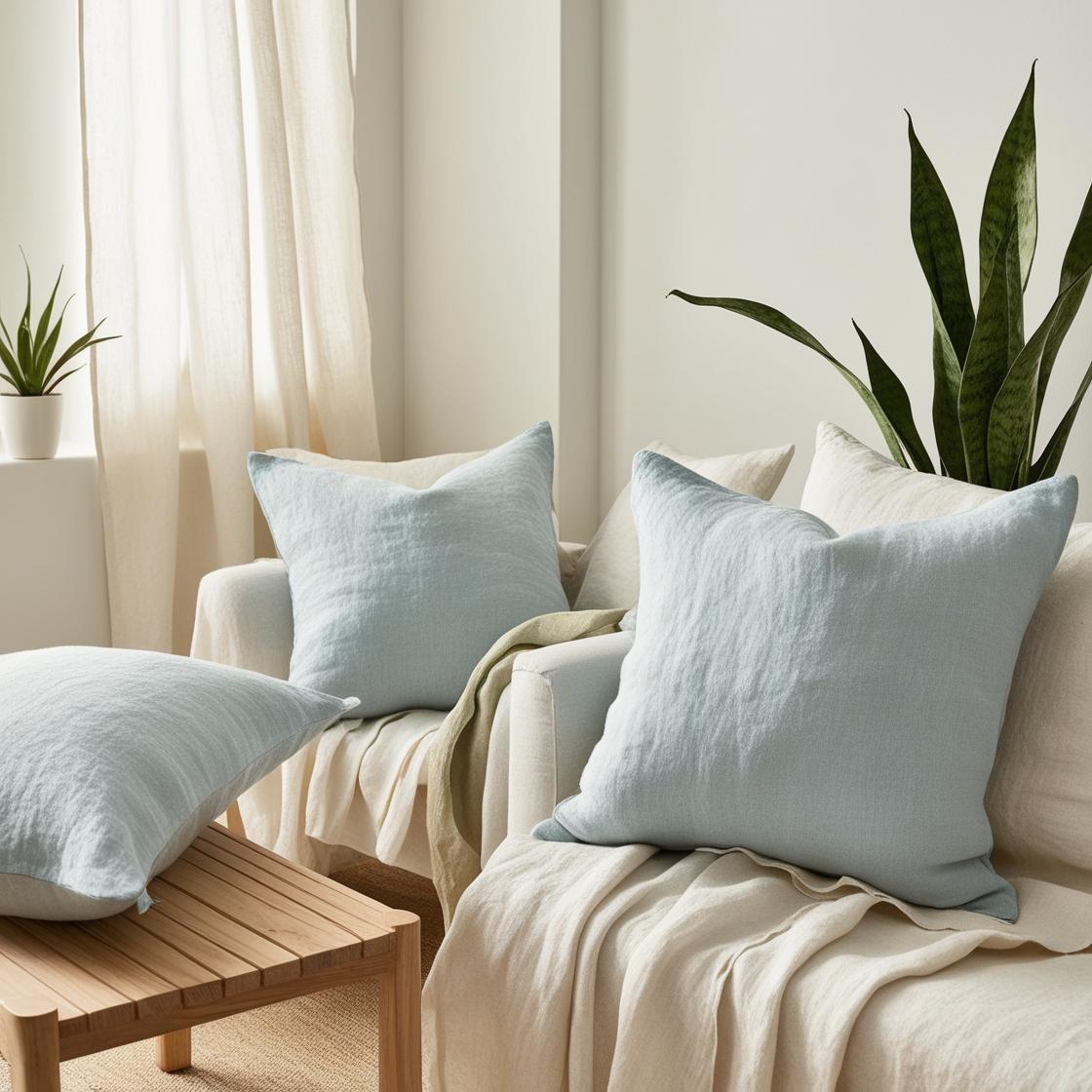 A softly lit, cozy interior space styled with light blue linen fabric. 