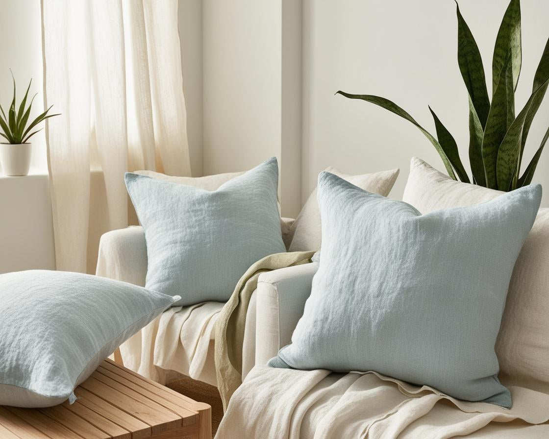 A softly lit, cozy interior space styled with light blue linen fabric. 