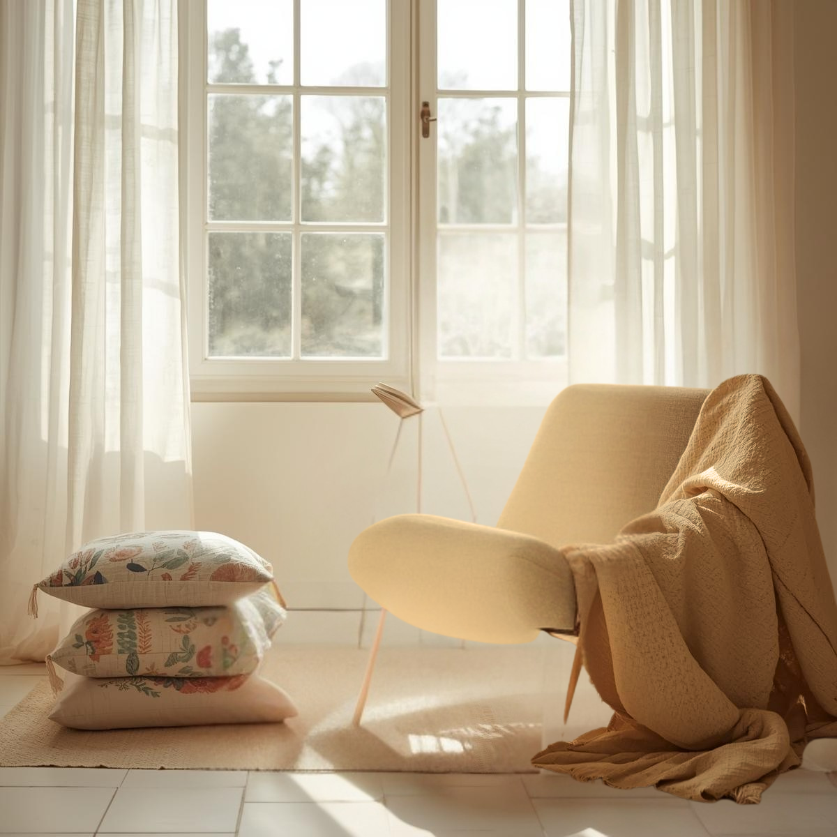 Cozy weekend morning with a woman in pastel block print linen blend kurta, cotton blend trousers, sipping tea by a sunlit window with sheer linen curtains