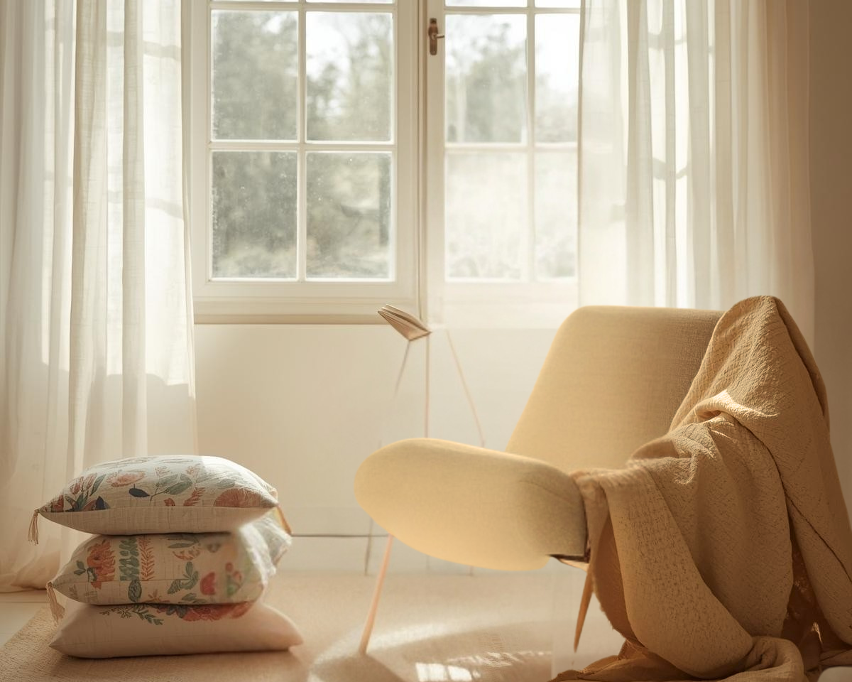 Cozy weekend morning with a woman in pastel block print linen blend kurta, cotton blend trousers, sipping tea by a sunlit window with sheer linen curtains