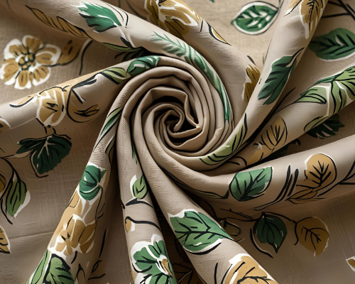 Close-up of neatly folded linen fabric with a delicate hand-block printed floral pattern