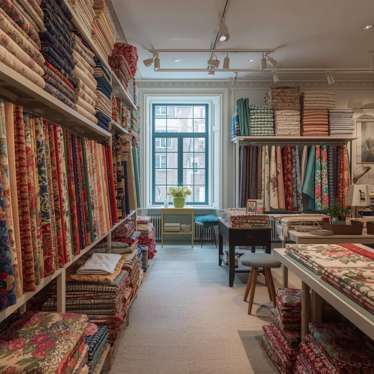 A vibrant textile shop with colorful cotton, linen, viscose linen, and satin fabrics neatly displayed