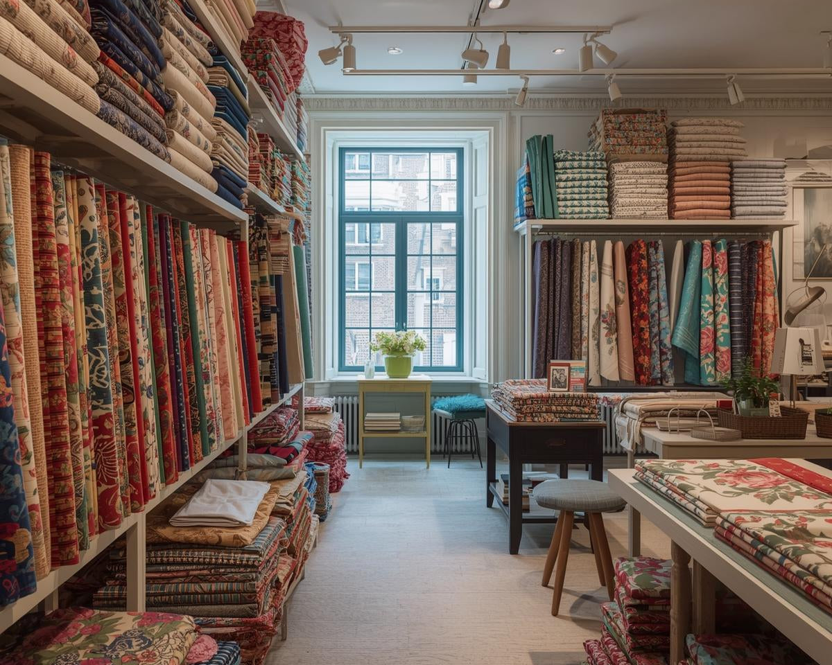 A vibrant textile shop with colorful cotton, linen, viscose linen, and satin fabrics neatly displayed