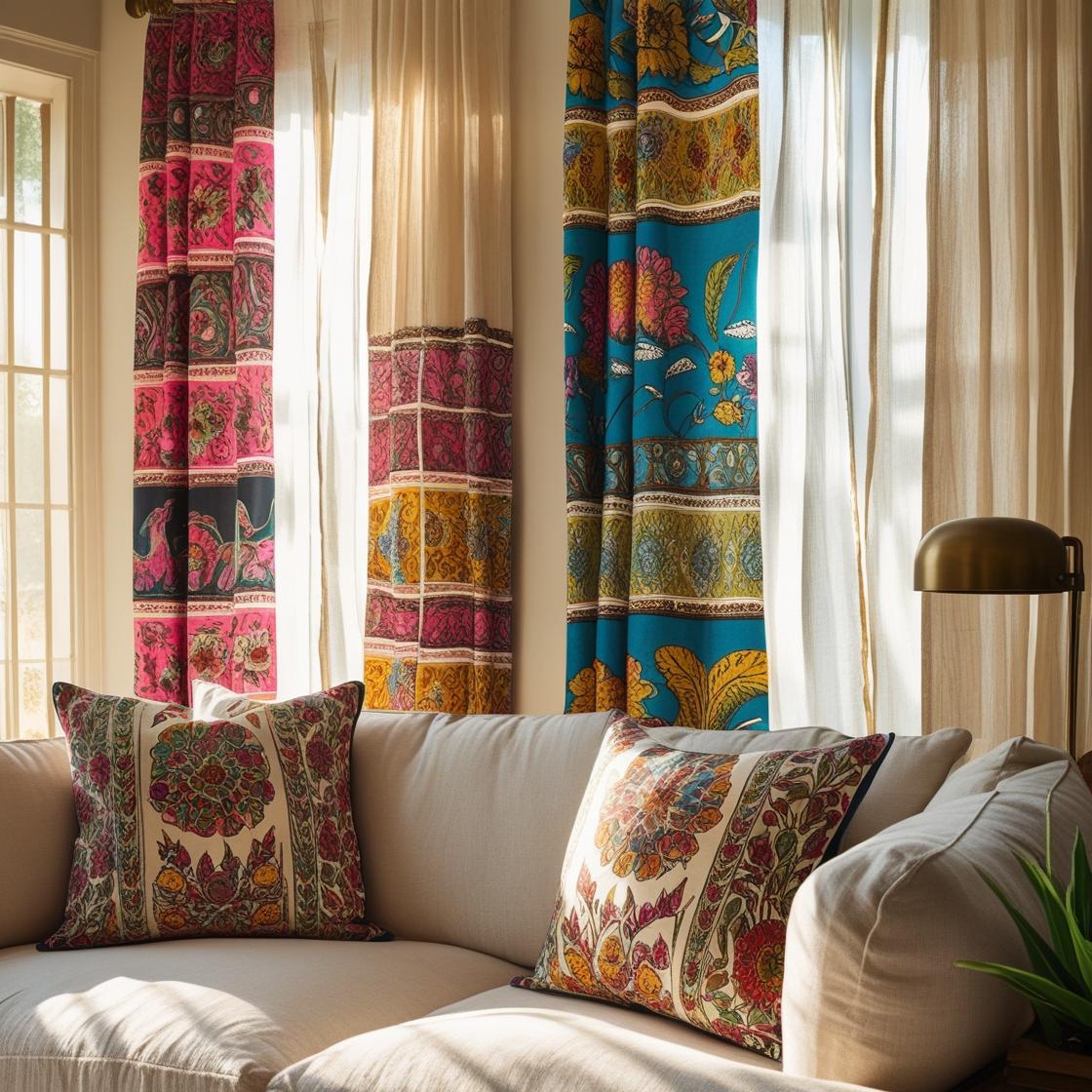 hand-block printed Indian cotton beneath, sheer linen material on top—hanging on a matte brass rod in a well-lit boho-chic living room. 