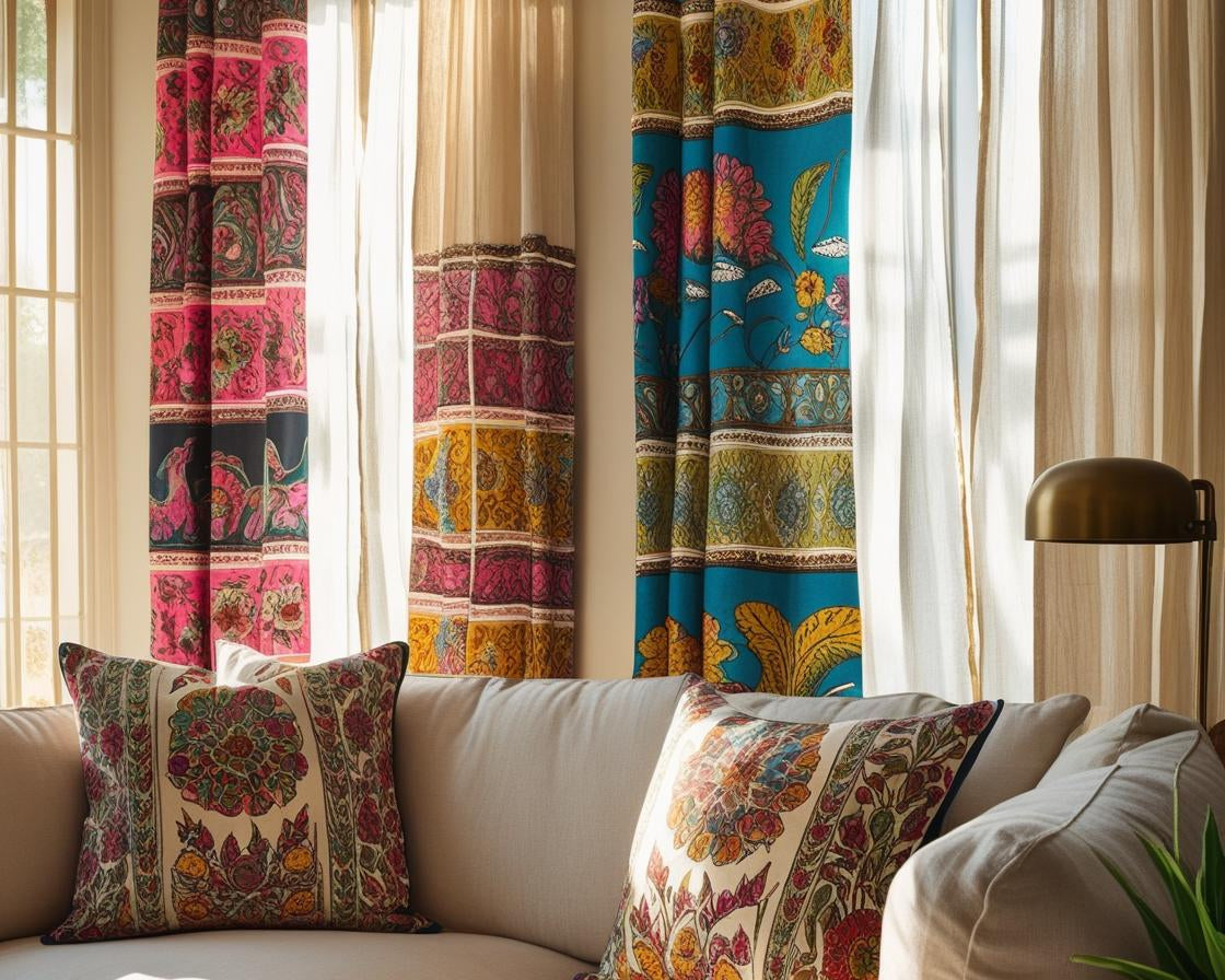 hand-block printed Indian cotton beneath, sheer linen material on top—hanging on a matte brass rod in a well-lit boho-chic living room. 
