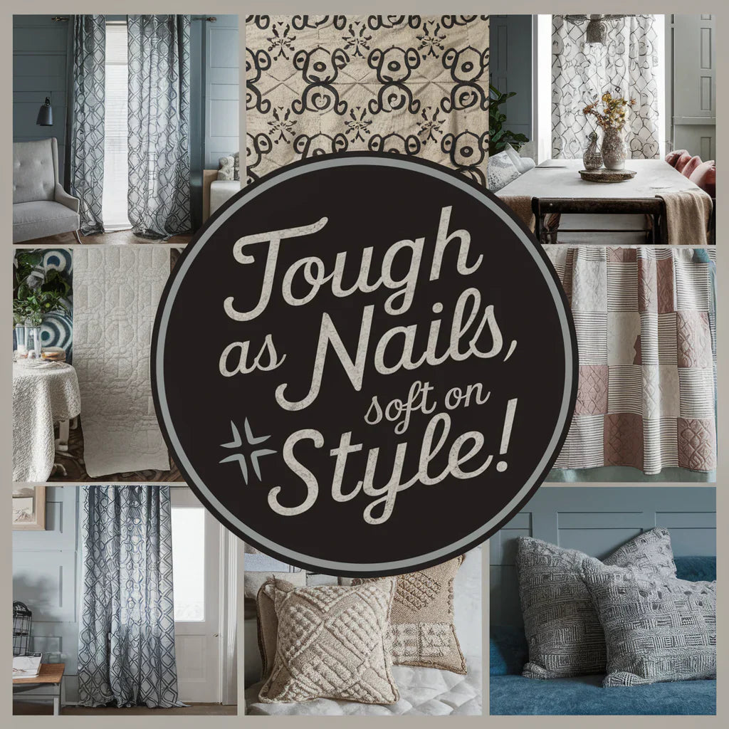 The fabric showcases a variety of home decor items, including patterned curtains, elegant table runners, cozy quilts, and plush pillow covers. The overall design is modern and chic, with a color palette that is both inviting and sophisticated. 