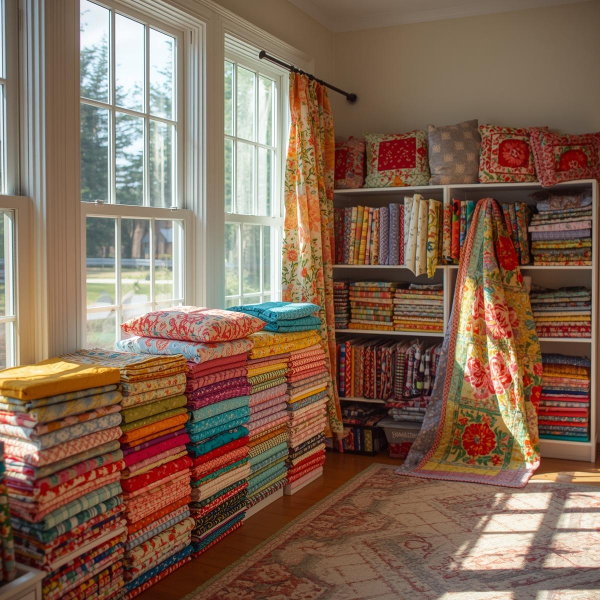 modern craft room in the USA filled with rolls of 100% cotton quilting fabric, quilters at work creating quilts, pillow covers