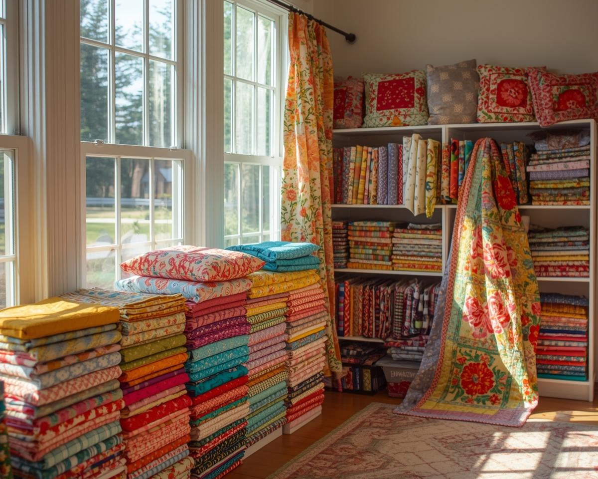 modern craft room in the USA filled with rolls of 100% cotton quilting fabric, quilters at work creating quilts, pillow covers